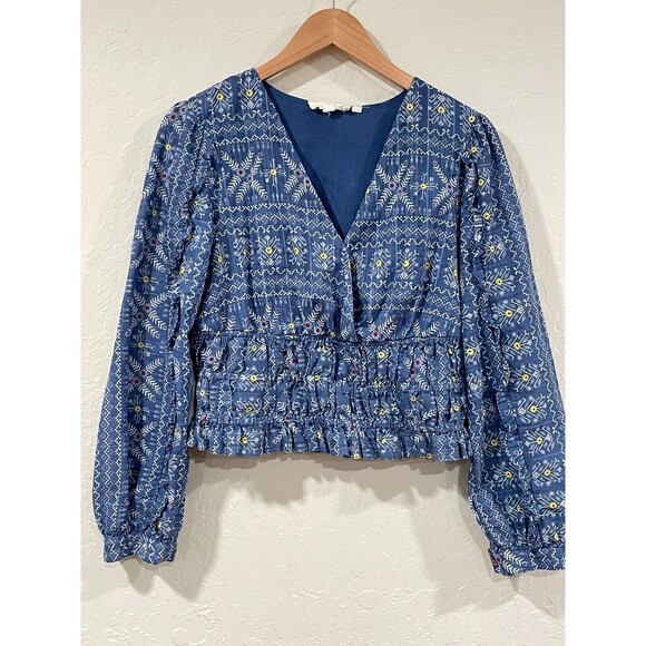 ~Anthropologie Forever That Girl S Embroidered Smocked Blouse Blue Faux Wrap Top - Picture 4 of 16